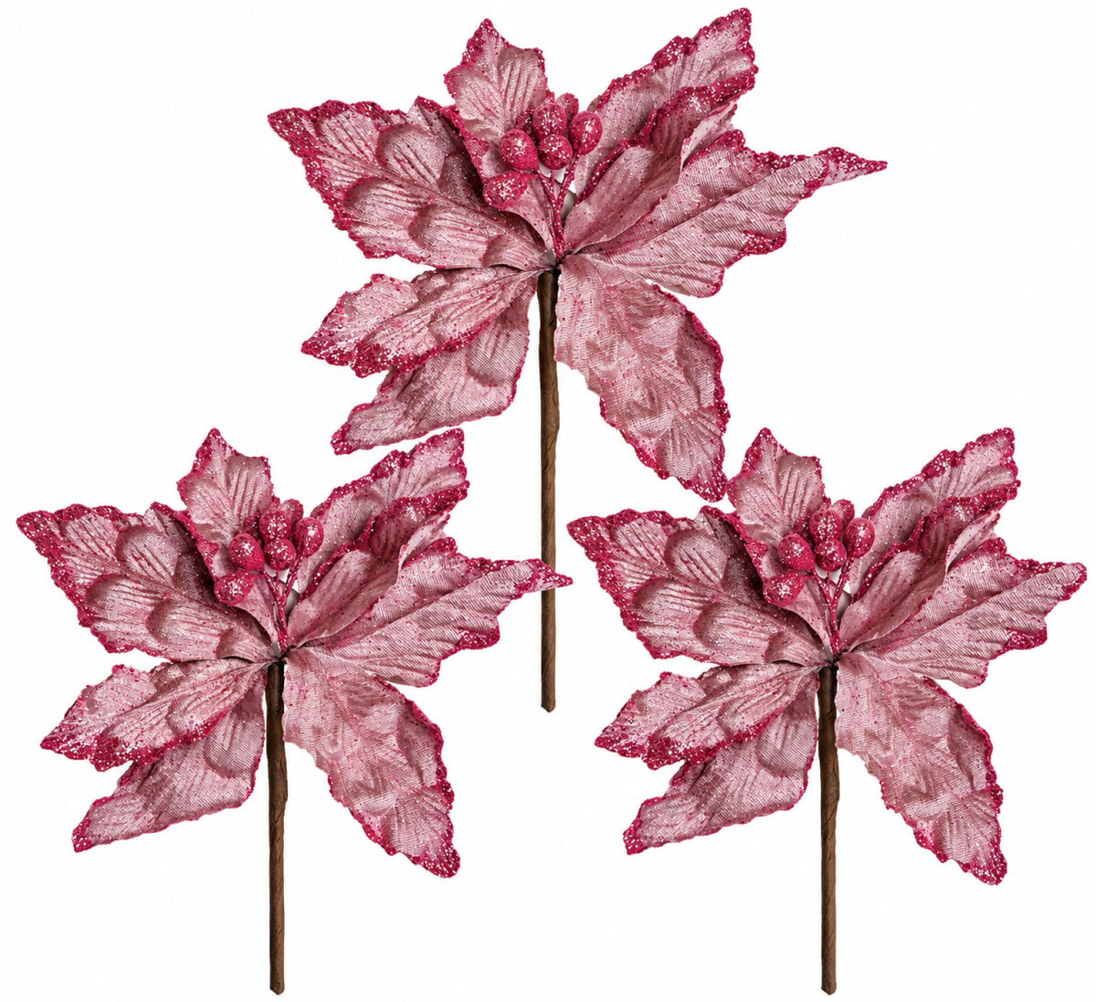3 Pack of Rose Gold Poinsettia Picks with Berry Centers