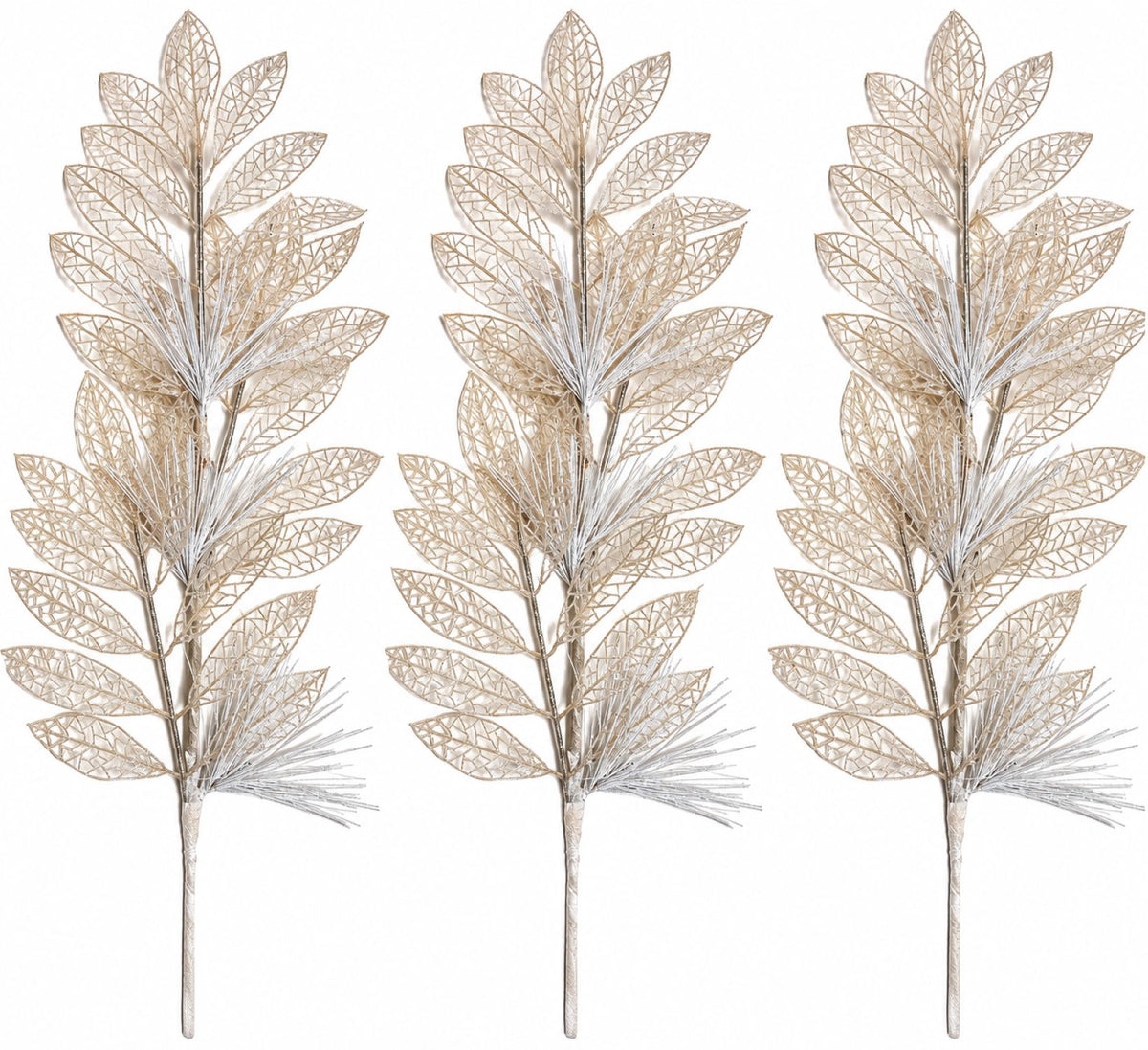 3 Pack of White Glitter Leaf and Spray Picks