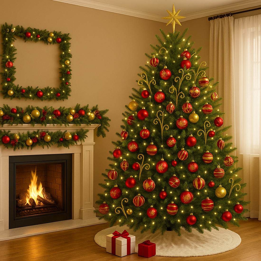9' Blended Pine Garland Decorated with The Traditional Ornament Collection Pre-Lit with Warm White LEDs