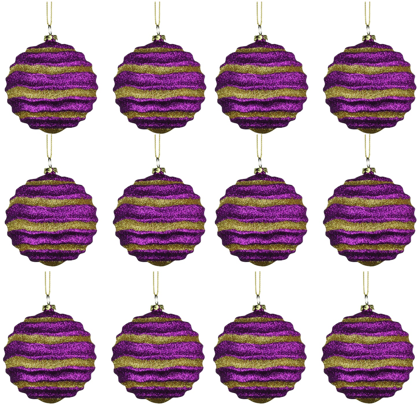 12 Pack of Purple and Gold Wavy Ball Ornaments with Glitter Enhancements