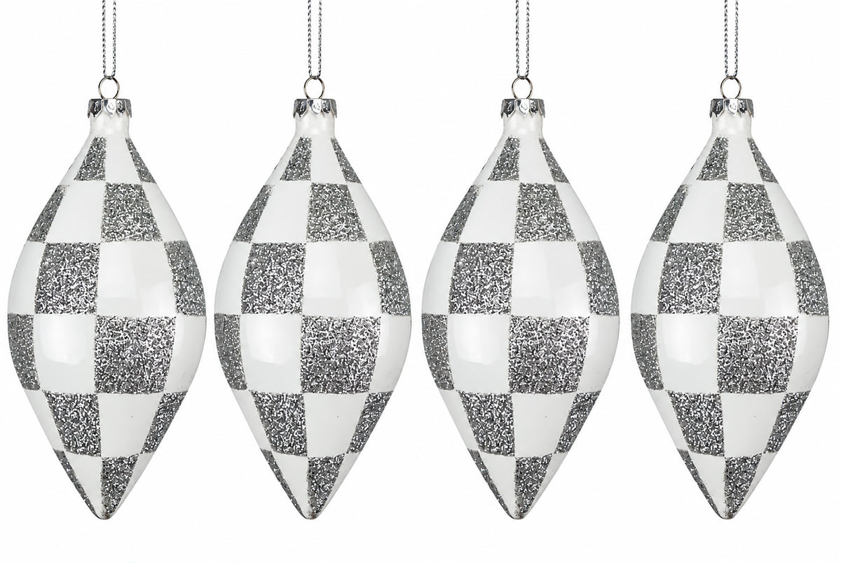4 Pack of White and Silver Checkered Teardrop Ornaments with Glitter Enhancements