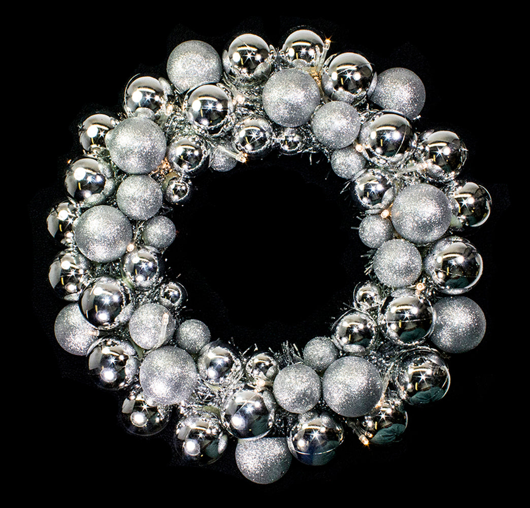 16" Silver Ball Wreath with Battery Powered Warm White LEDs
