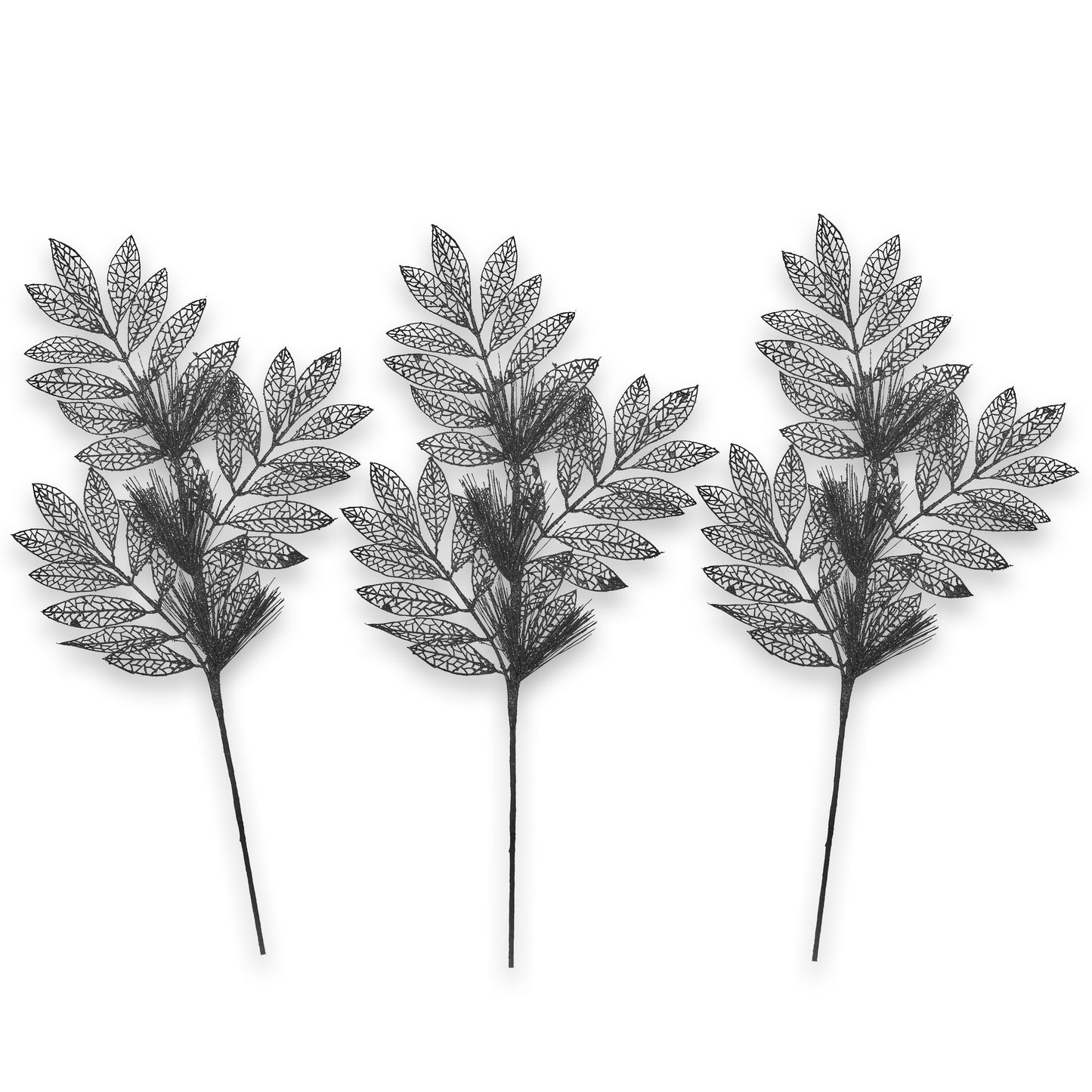 3 Pack of Black Glitter Leaf and Spray Picks