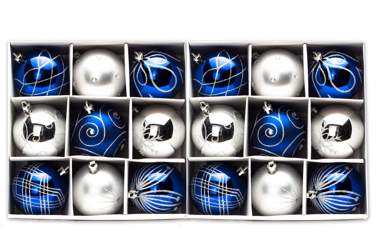 18 Pack of Blue and Silver Ball Ornaments with Silver Glitter Detail