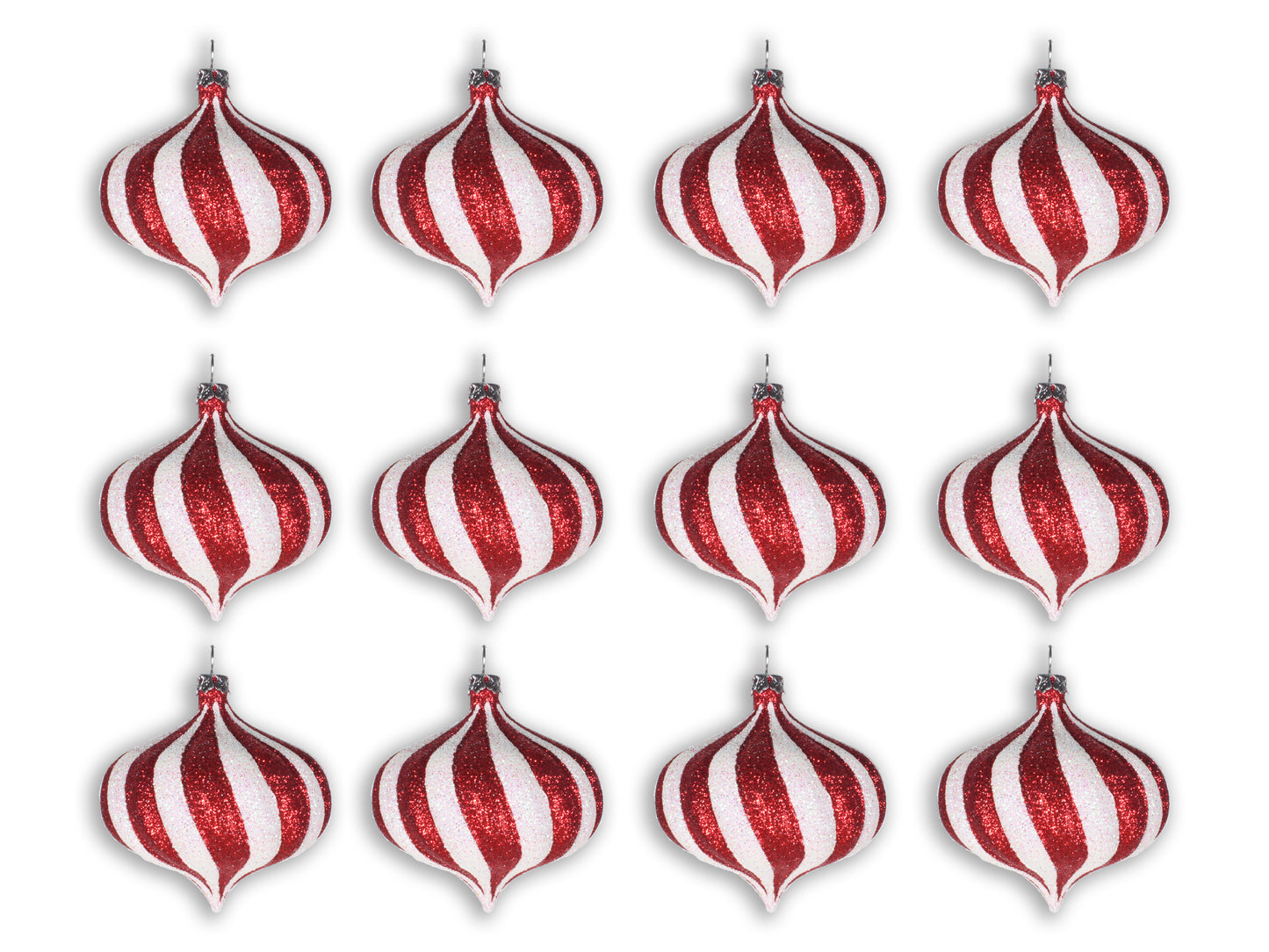 12 Pack of Red and White Glitter Striped Onion Ornaments