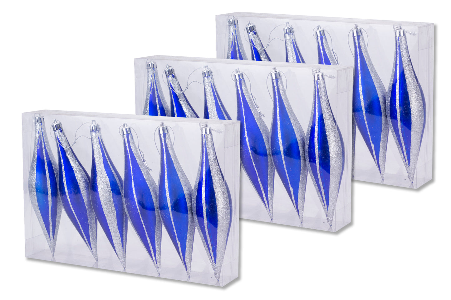 18 Pack 5.5" Blue Finial Ornament with Silver Glitter Stripes