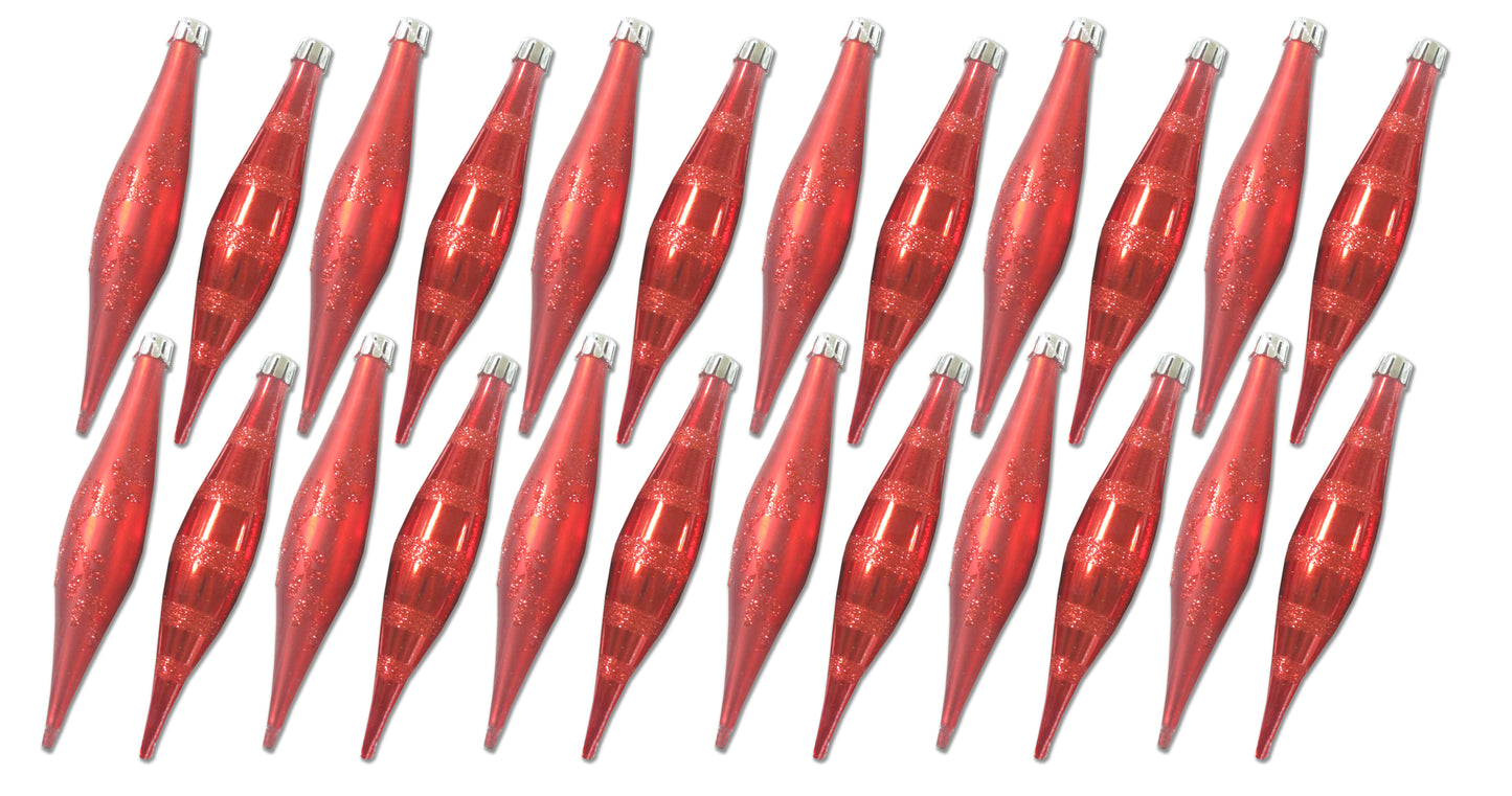 24 Pack Red Finial Ornament with Snowflake and Line Glitter Design
