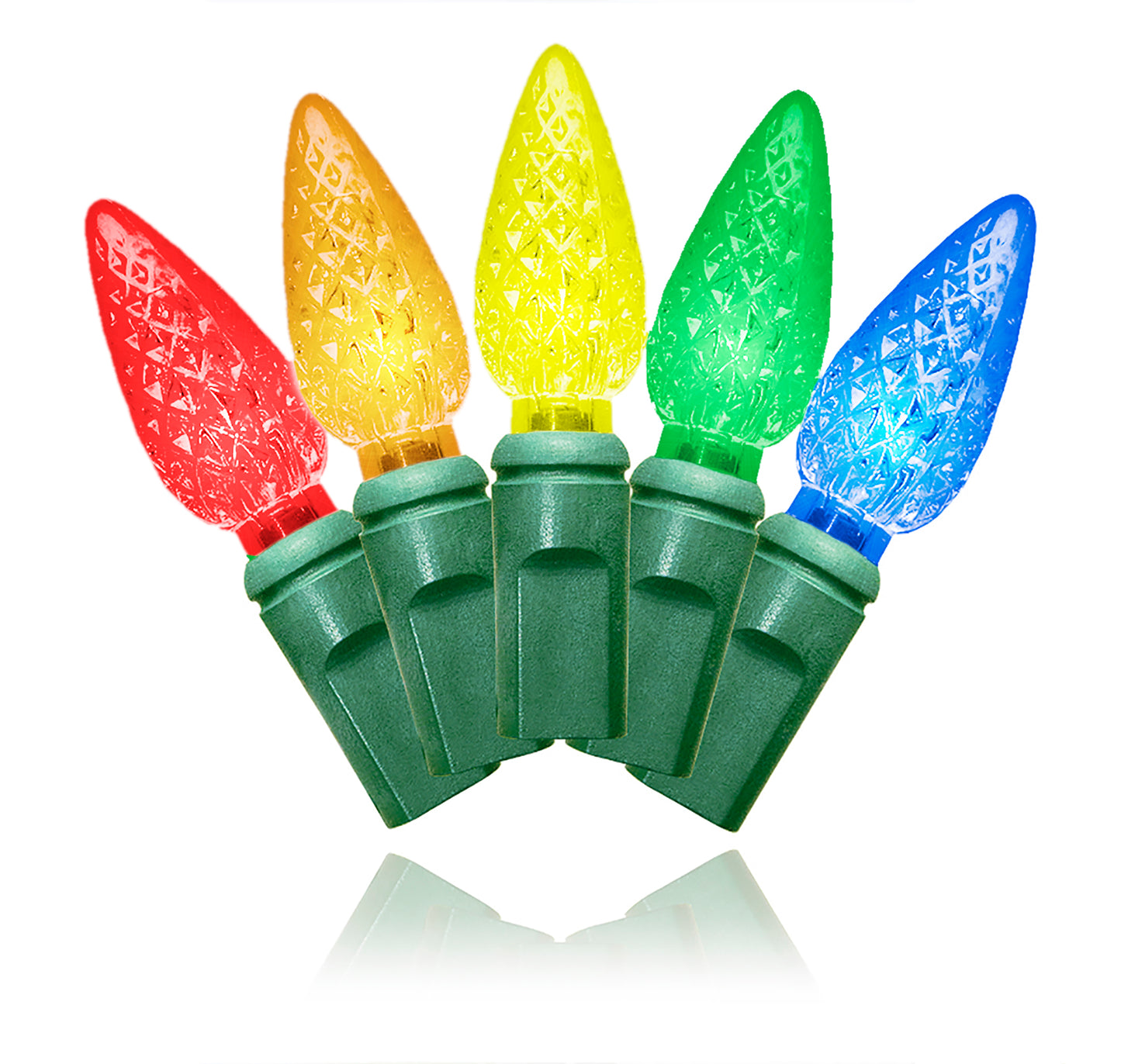 Standard C6, LED, 5 multi, faceted lens, 200 lights, green wire, 22 gauge, 4" spacing, 67' long