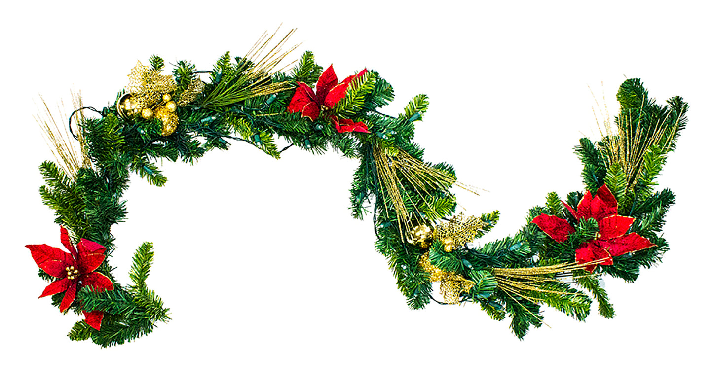 Poinsettia Christmas 6' Garland with Warm White Lights