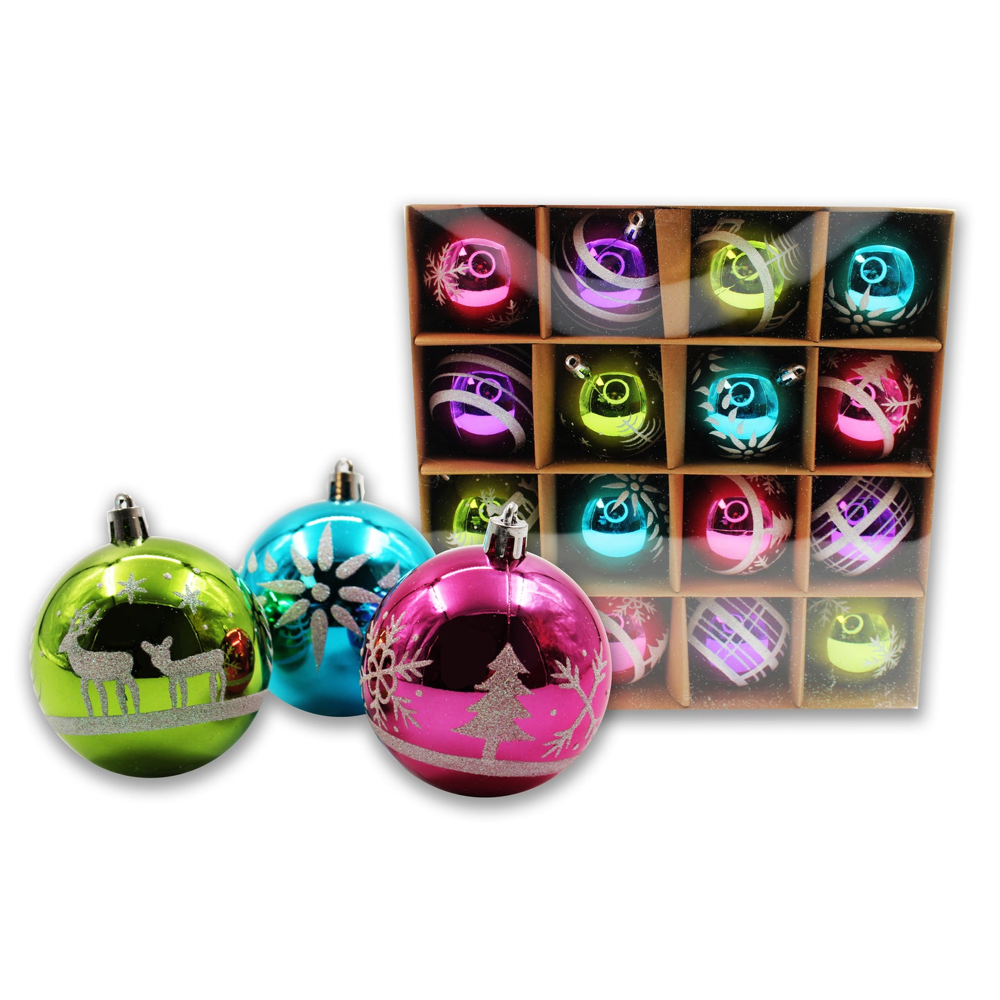 16 Pack Lime Green, Hot Pink, Purple and Aqua Assorted Ball Ornaments