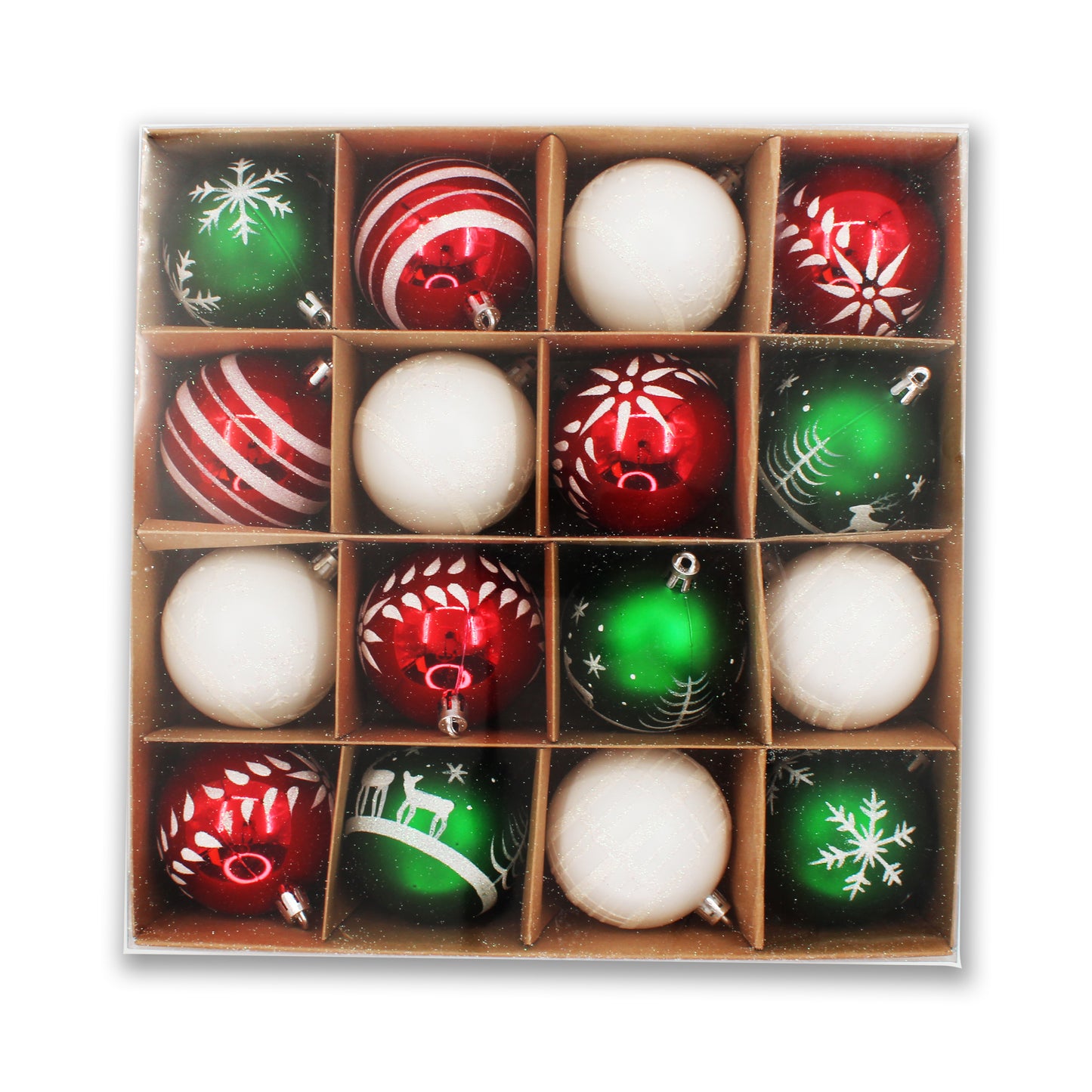 16 Pack Red, White and Green Assorted Ball Ornaments