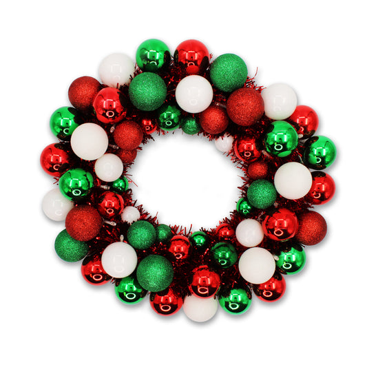 16" Red, Green and White Ball Wreath with Battery Powered Warm White LEDs