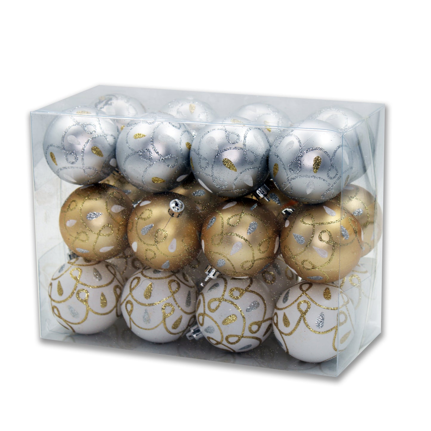 24 Pack Gold, Silver, and White Loop Design Ball Ornaments