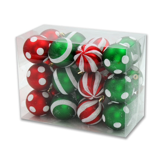 24 Pack Red, Green and White Line Design Ball Ornaments