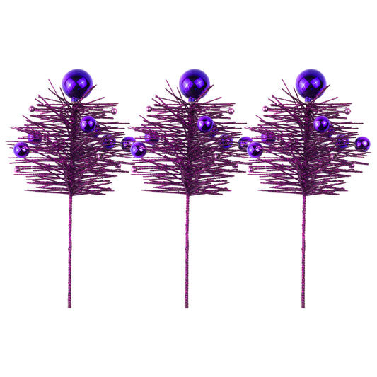 3 Pack of 16" Purple Pine Spray with Ball Accents and Glitter Enhancements