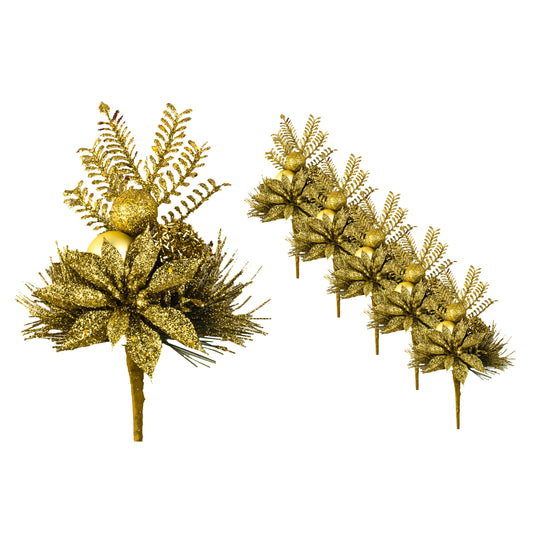 5 Pack of 11" Gold Poinsettia and Fern Picks with Glitter Enhancements