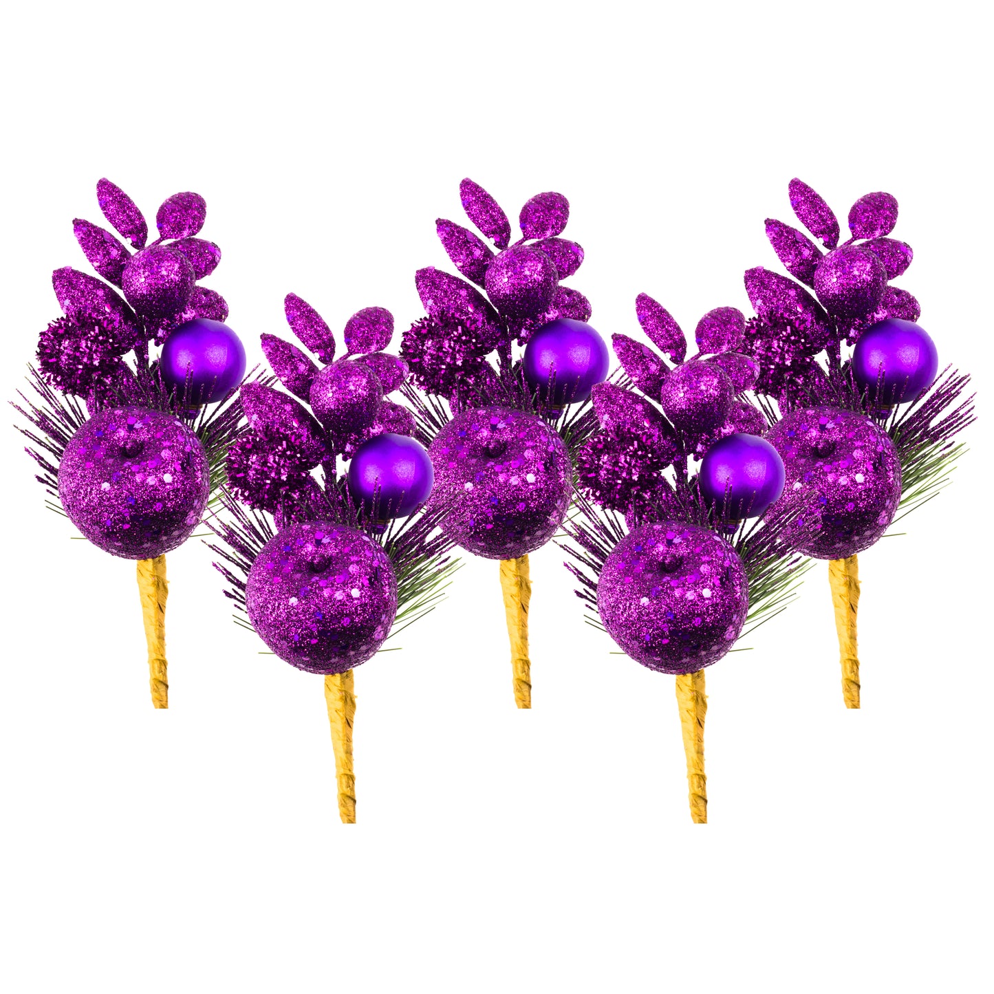 5 Pack of 11" Purple Apple, Leaf, Spray, and Ball Picks with Glitter Enhancements