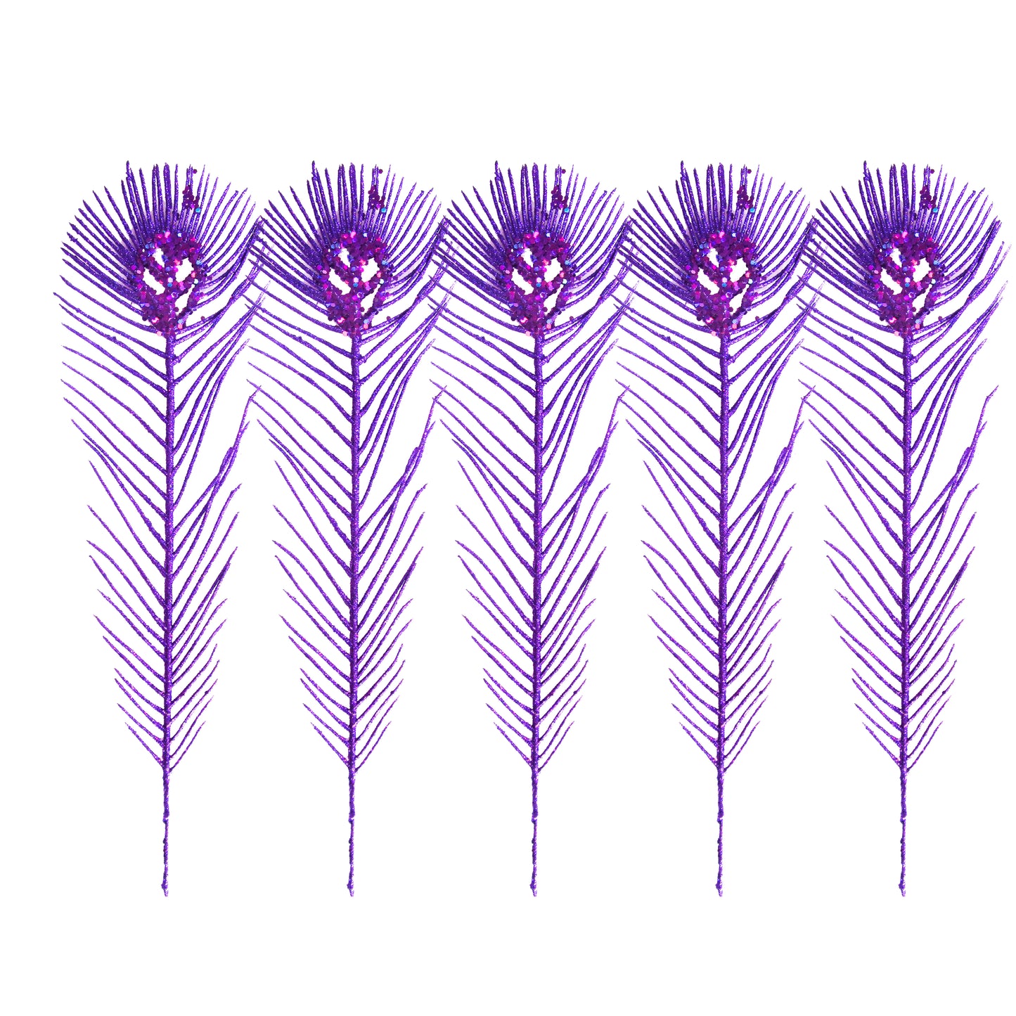 5 Pack of 12" Purple Peacock Feather with Glitter Enhancements