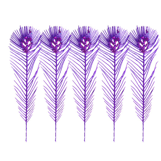 5 Pack of 12" Purple Peacock Feather with Glitter Enhancements