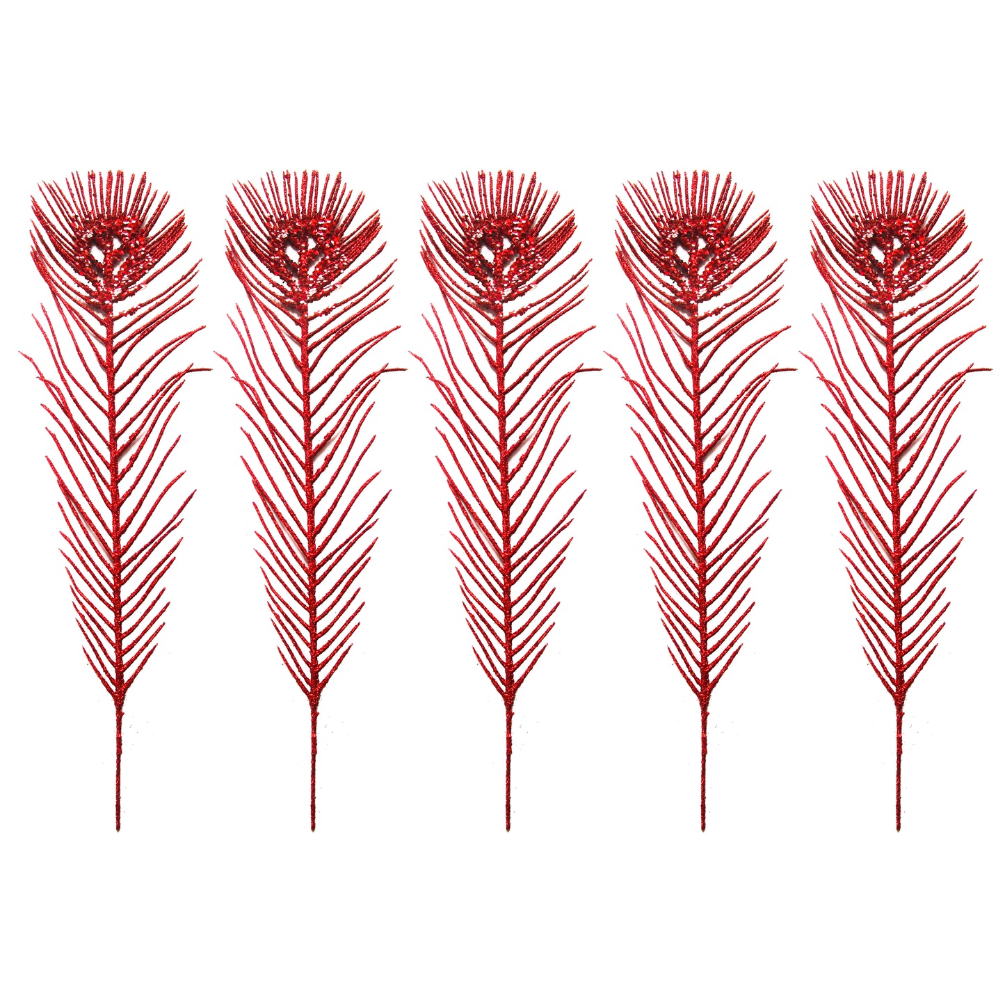 5 Pack of 12" Red Peacock Feather Picks with Glitter Enhancements