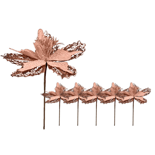 5 Pack of 15" Metallic Champagne Flower Picks with Glitter Enhancements