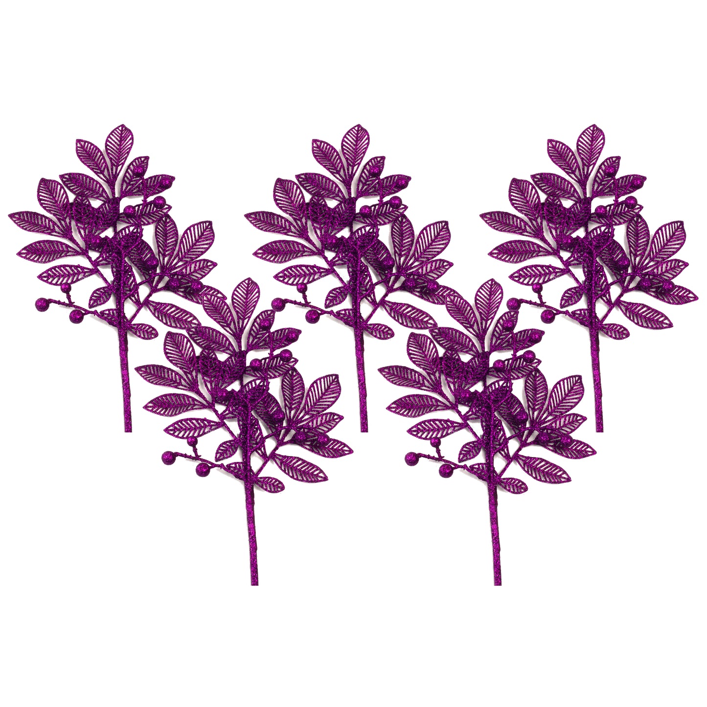 5 Pack of 18" Purple Leaf Pick with Berry Accents and Glitter Enhancements