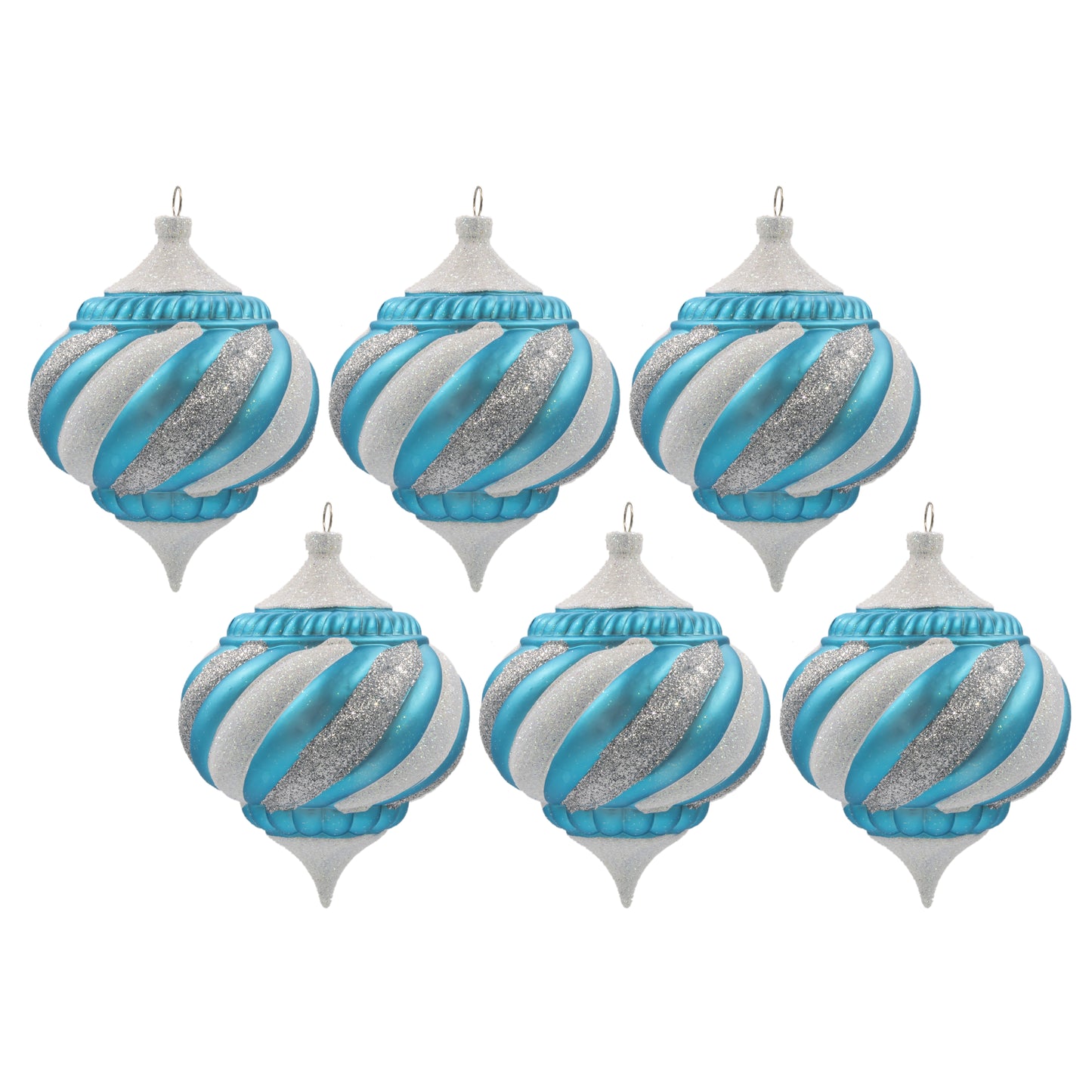 6 Pack of Aqua, White, and Silver Onion Ornaments with Glitter Enhancements