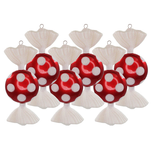 6 Pack of Red Candy Ornaments with White Glitter Dots and Wrapper Ends