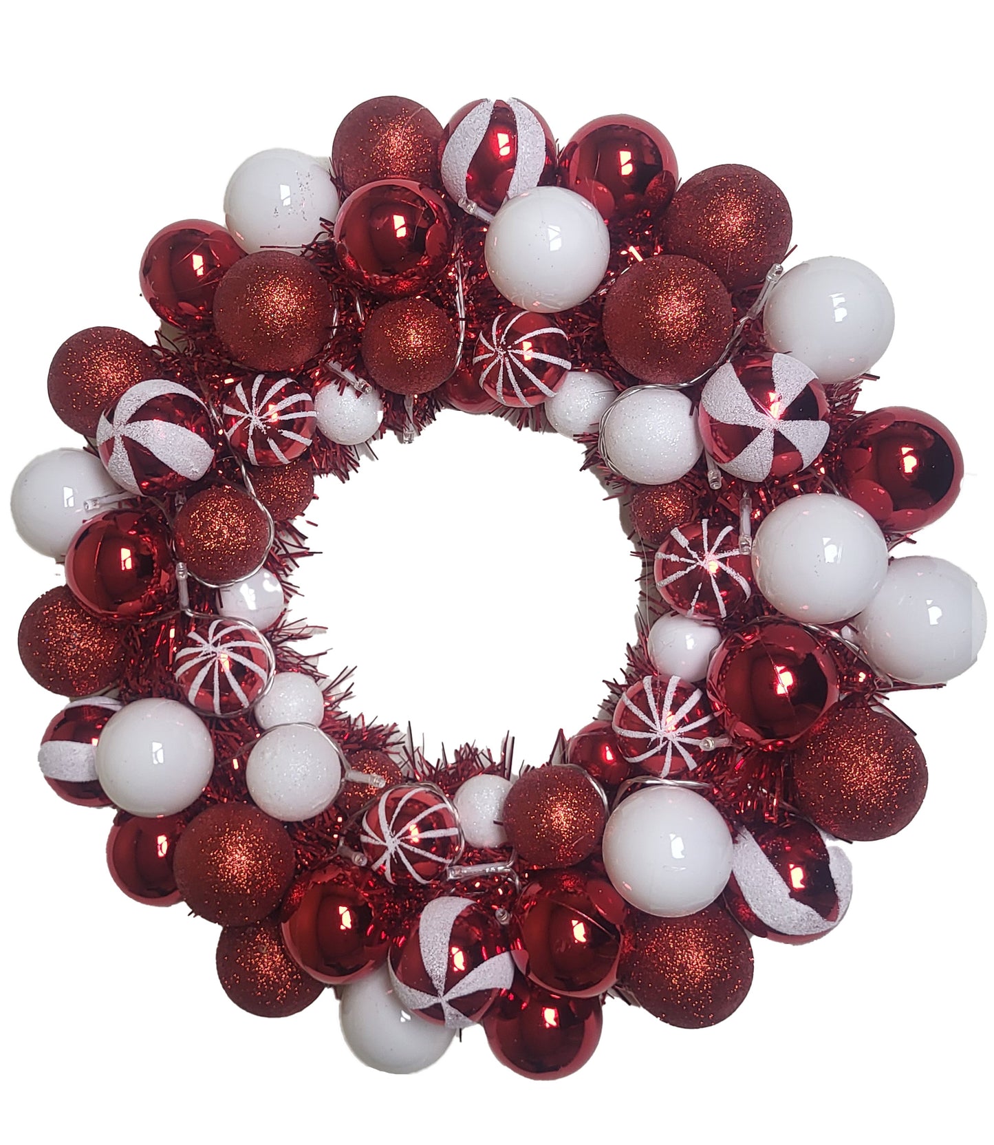 16" Candy Ball Wreath with Battery Powered Pure White LEDs