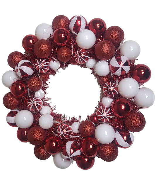 16" Candy Ball Wreath with Battery Powered Pure White LEDs
