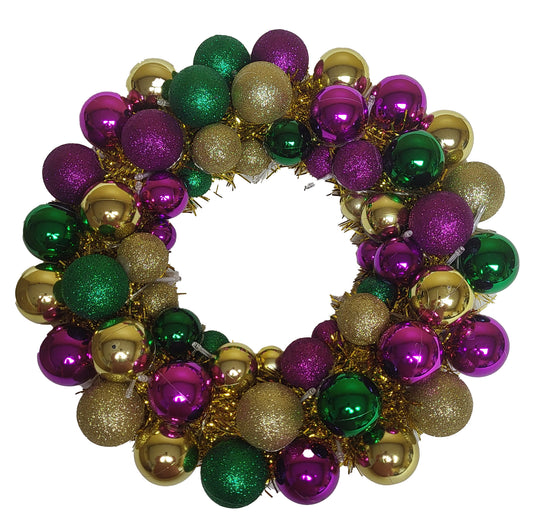 16" Mardi Gras Ball Wreath with Battery Powered Pure White LEDs