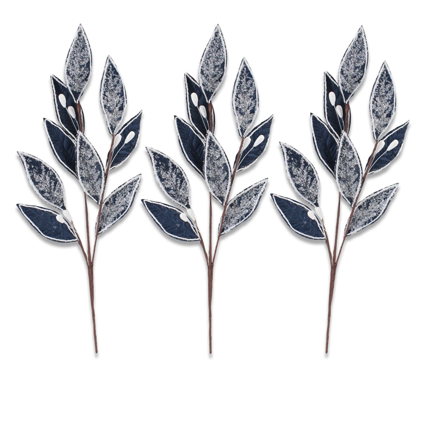 3 Pack of Navy Blue Leafy Picks with Silver Glitter Accents