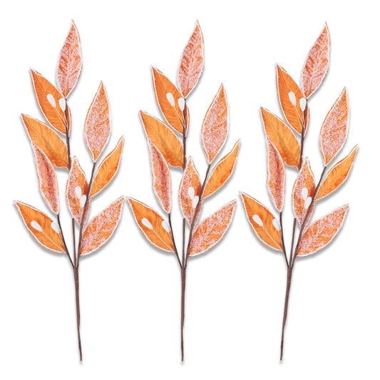 3 Pack of Orange Leafy Picks with Silver Glitter Accents