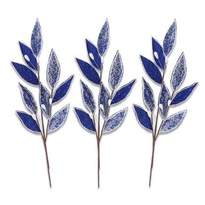 3 Pack of Royal Blue Leafy Picks with Silver Glitter Accents