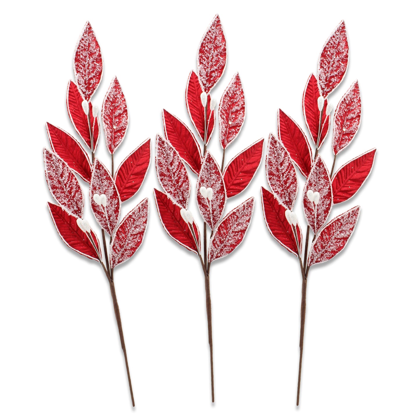 3 Pack of Red Leafy Picks with Silver Glitter Accents