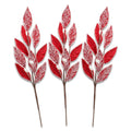 3 Pack of Red Leafy Picks with Silver Glitter Accents