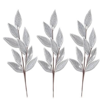 3 Pack of Silver Leafy Picks with Silver Glitter Accents