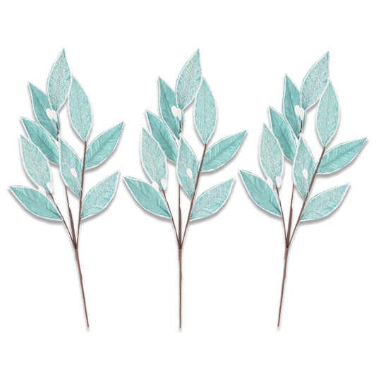 3 Pack of Teal Blue Leafy Picks with Silver Glitter Accents