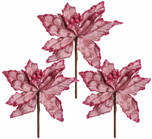 3 Pack of Rose Gold Poinsettia Picks with Berry Centers