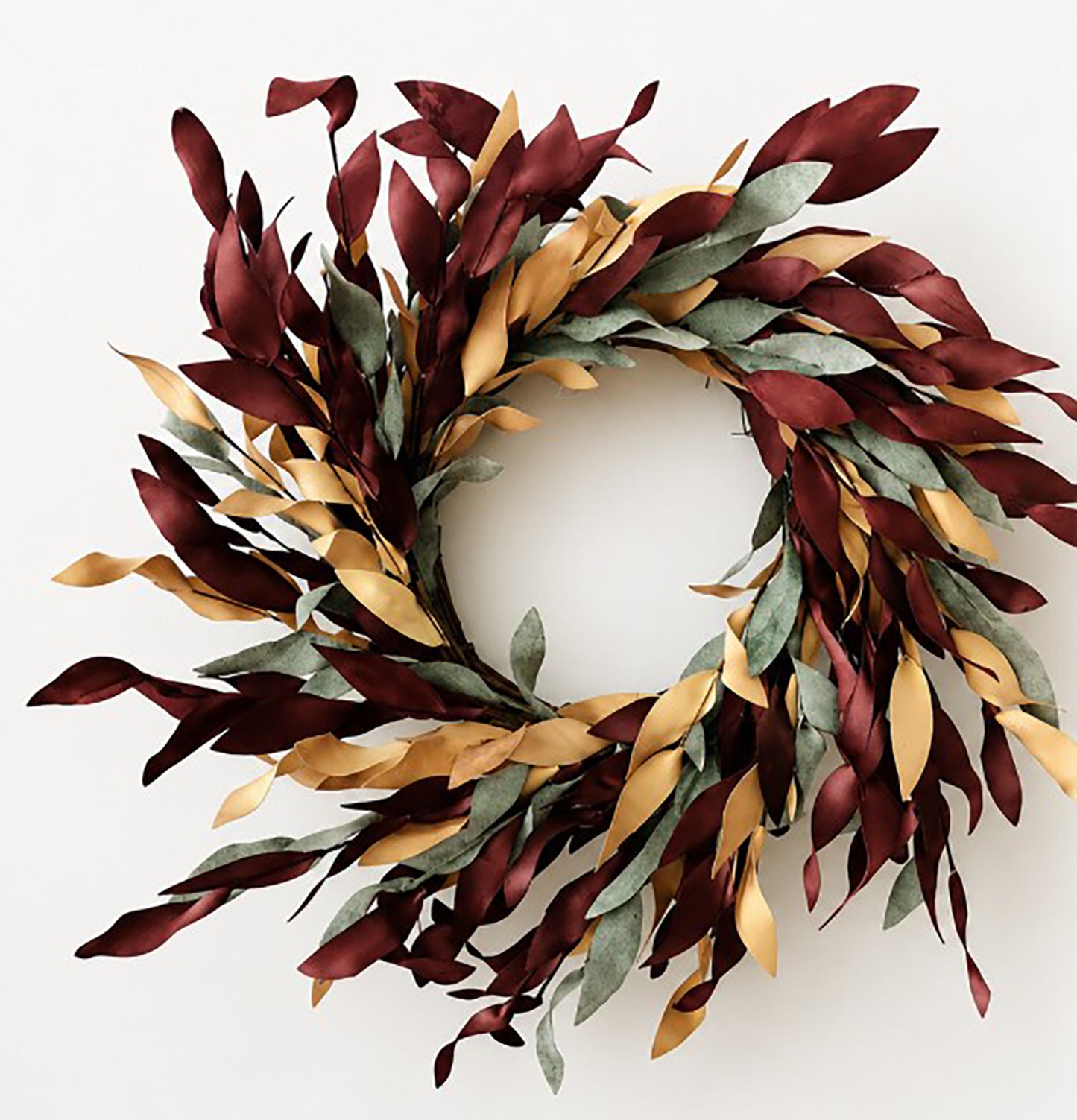 Burgundy, Tan and Green Leafy Wreath