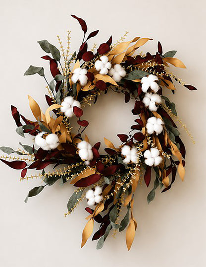 Burgundy, Tan and Green Leafy Wreath with Cotton Accents