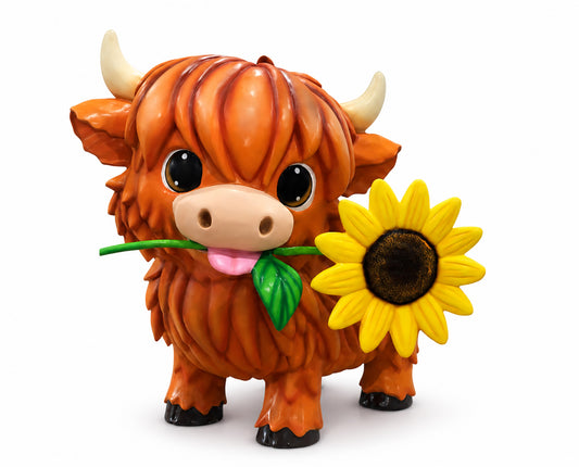 Brown Highland Cow with Sunflower