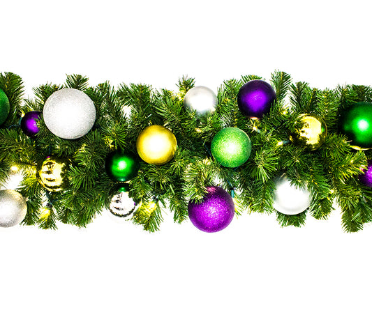 9' Mixed Blend Garland with Warm White LED Lights and Mardi Gras Themed Ornaments