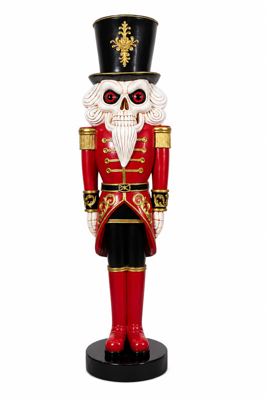 Scary Skeleton Nutcracker wearing a Red Coat