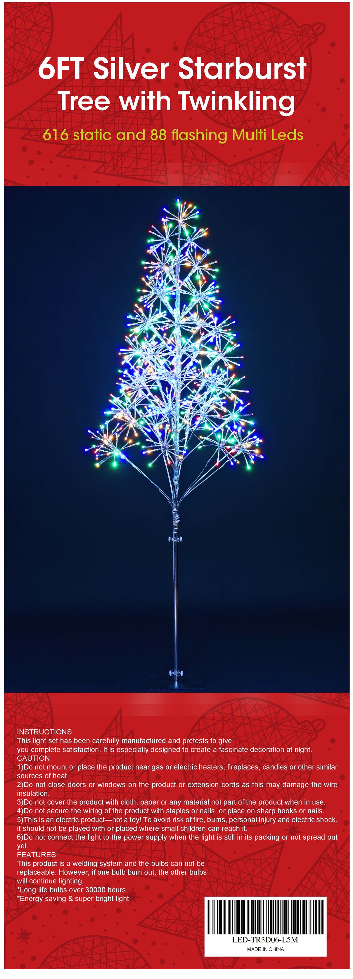 6' Multi Colored Starburst Silver Tree