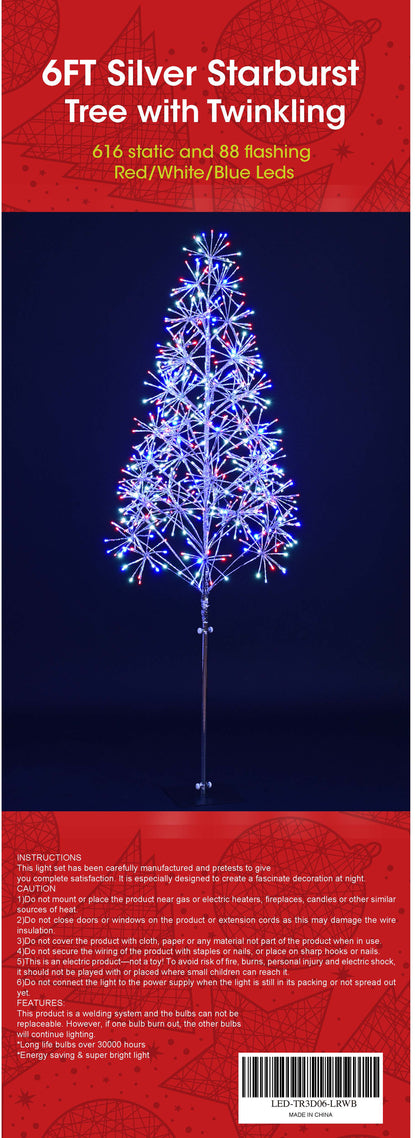 6' Red, White and Blue LED Tree with Silver Frame