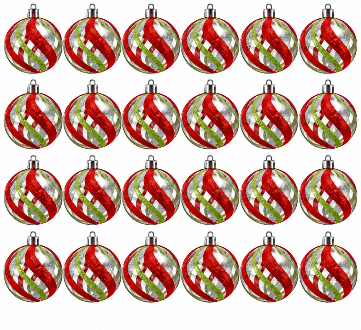 24 Pack of Clear Ball Ornaments with Green, Silver, and Red Glitter Designs