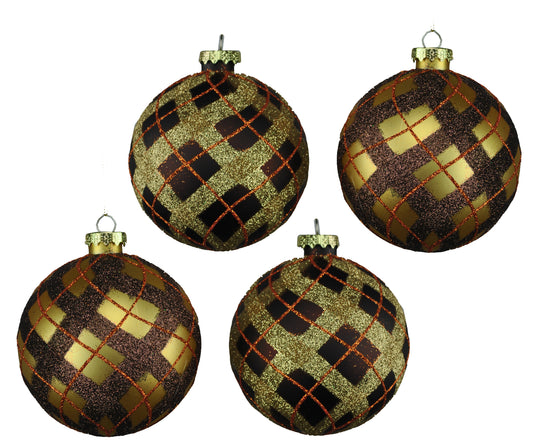 4 Pack of Gold, Brown, and Copper Plaid Ball Ornaments with Glitter Enhancments