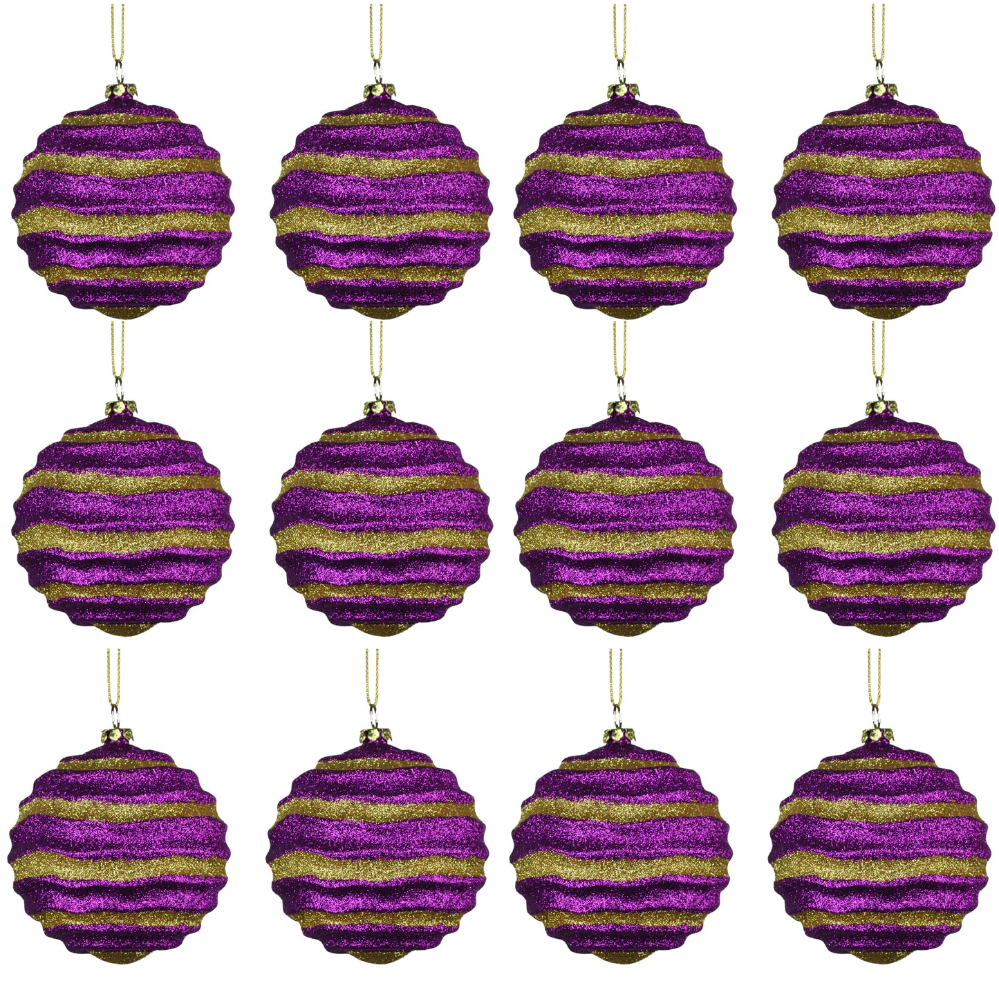 12 Pack of Purple and Gold Wavy Ball Ornaments with Glitter Enhancements