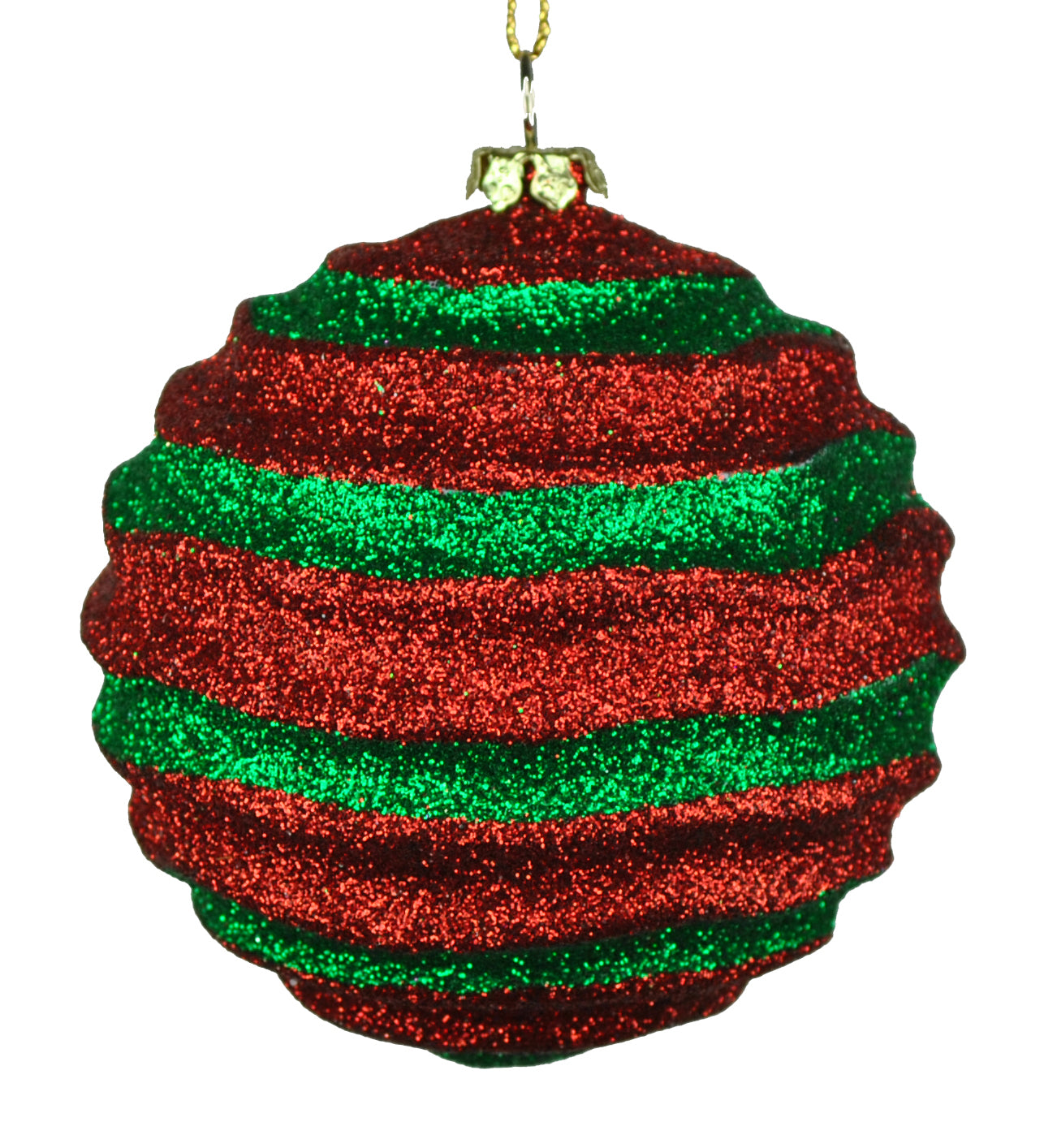 12 Pack of Red and Green Wavy Ball Ornaments with Glitter Enhancements